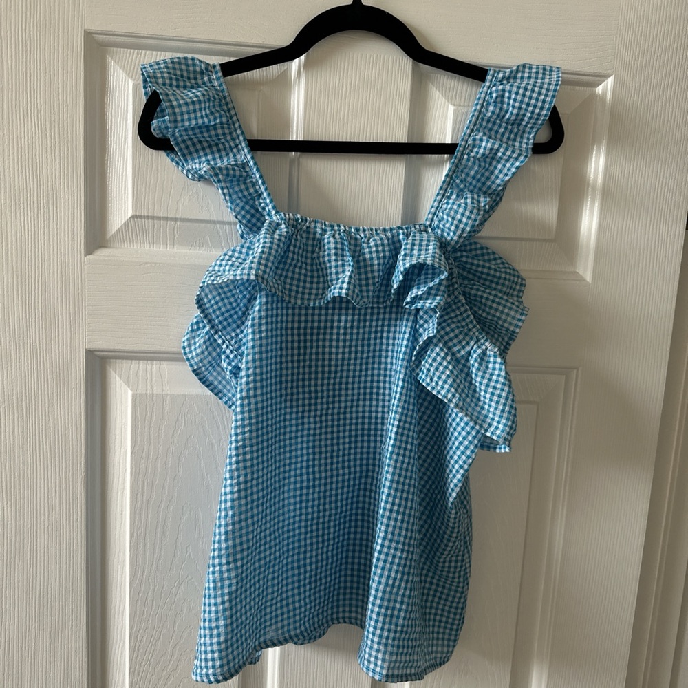 Pink Lily Light Blue Gingham Ruffle Strap Top